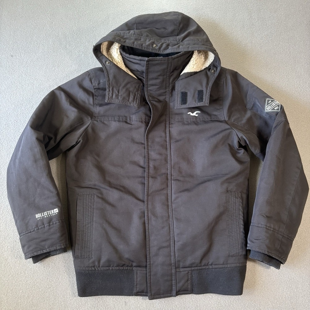 Hollister All-Weather Sherpa Lined Hooded Winter Jacket Black Mens XS Y2K Bomber